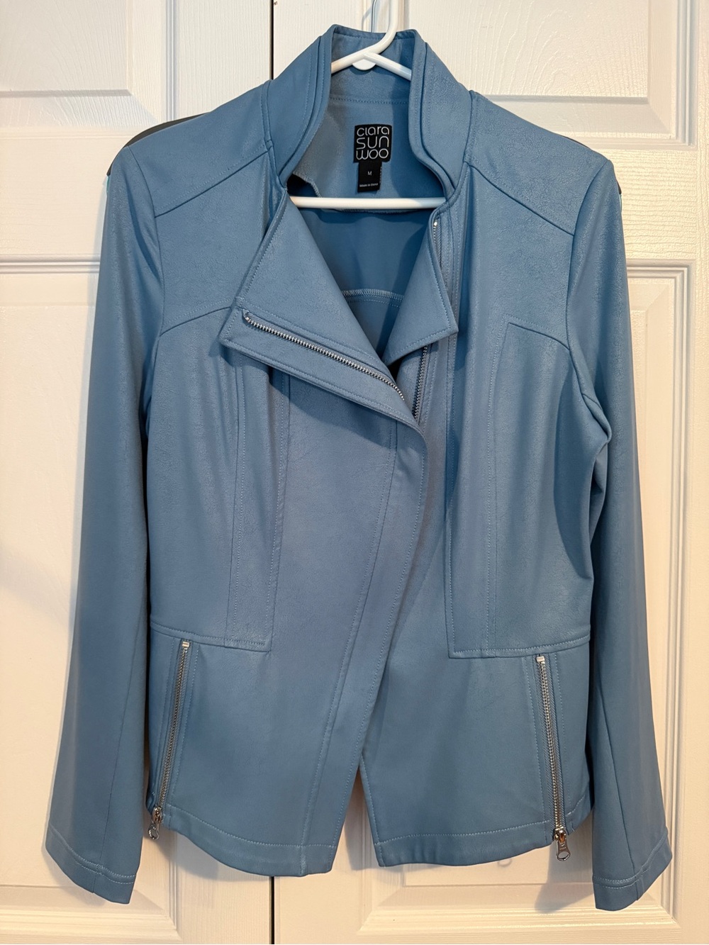 CLARA SUNWOO Liquid Leather Signature Jacket Moto - light blue - doesn’t wrinkle